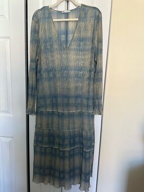 Zara Blue and Gold Plaid Long Sleeve Tiered Midi Dress